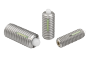 Spring plungers with hex socket and POM thrust pin, stainless steel, with thread lock Spring plungers with hex socket and POM thrust pin, stainless steel, with thread lock
