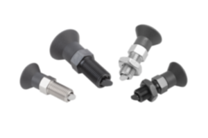 Indexing plungers, steel or stainless steel with plastic mushroom grip, rotation lock and lead-in chamfer Indexing plungers, steel or stainless steel with plastic mushroom grip, rotation lock and lead-in chamfer