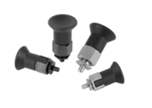 Indexing plungers, steel or stainless steel for thin-walled parts, with plastic mushroom grip
