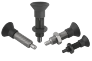 Indexing plungers, steel or stainless steel, without collar, with plastic mushroom grip and extended indexing pin Indexing plungers, steel or stainless steel, without collar, with plastic mushroom grip and extended indexing pin