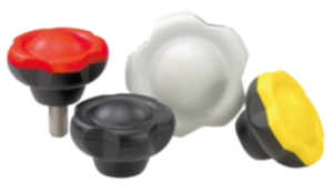 Five lobe grips, plastic with cap, threaded inserts steel or stainless steel Five lobe grips, plastic with cap, threaded inserts steel or stainless steel