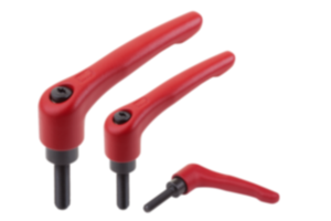 Clamping levers, steel, with external thread, ruby red, threaded insert, black oxidised steel Clamping levers, steel, with external thread, ruby red, threaded insert, black oxidised steel