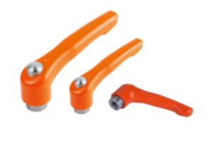 Clamping levers, die-cast zinc, with internal thread and protective cap, pure orange satin finish, threaded insert stainless steel Clamping levers, die-cast zinc, with internal thread and protective cap, pure orange satin finish, threaded insert stainless steel