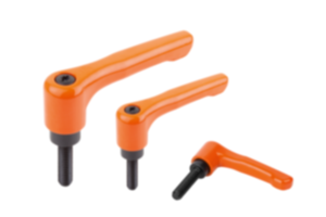 Rękojeści nastawne z cynkowego odlewu ciśnieniowego, płaskie, z gwintem zewnętrznym, satynowane w kolorze pomarańczowym, wstawka gwintowana stalowa oksydowana Rękojeści nastawne z cynkowego odlewu ciśnieniowego, płaskie, z gwintem zewnętrznym, satynowane w kolorze pomarańczowym, wstawka gwintowana stalowa oksydowana