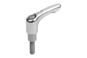 Clamping levers, stainless steel with external thread and long collar, threaded pin stainless steel Clamping levers, stainless steel with external thread and long collar, threaded pin stainless steel