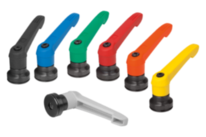Clamping levers, plastic with internal thread and clamping force intensifier, threaded insert black oxidised steel Clamping levers, plastic with internal thread and clamping force intensifier, threaded insert black oxidised steel
