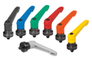 Clamping levers, plastic with external thread and clamping force intensifier, threaded insert black oxidised steel Clamping levers, plastic with external thread and clamping force intensifier, threaded insert black oxidised steel