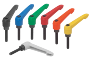 Clamping levers, plastic with external thread, threaded insert black oxidised steel