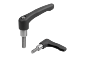 Clamping levers, plastic with external thread and long collar, threaded pin stainless steel Clamping levers, plastic with external thread and long collar, threaded pin stainless steel