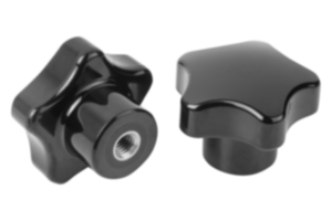 Five lobe grip, plastic (thermoset) with internal thread, threaded insert steel or stainless steel Five lobe grip, plastic (thermoset) with internal thread, threaded insert steel or stainless steel