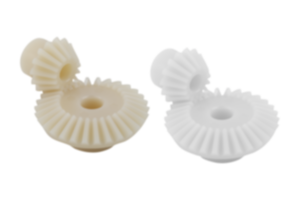 Bevel gears, plastic, ratio 1:2 injection moulded, straight teeth, engagement angle 20° Bevel gears, plastic, ratio 1:2 injection moulded, straight teeth, engagement angle 20°