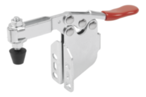 Toggle clamp horizontal with angled foot and adjustable clamping spindle